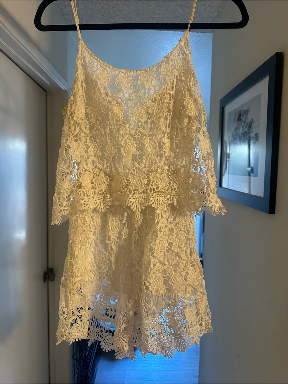 Lace Tiered Spaghetti-Strap Romper/Shorts in Cream